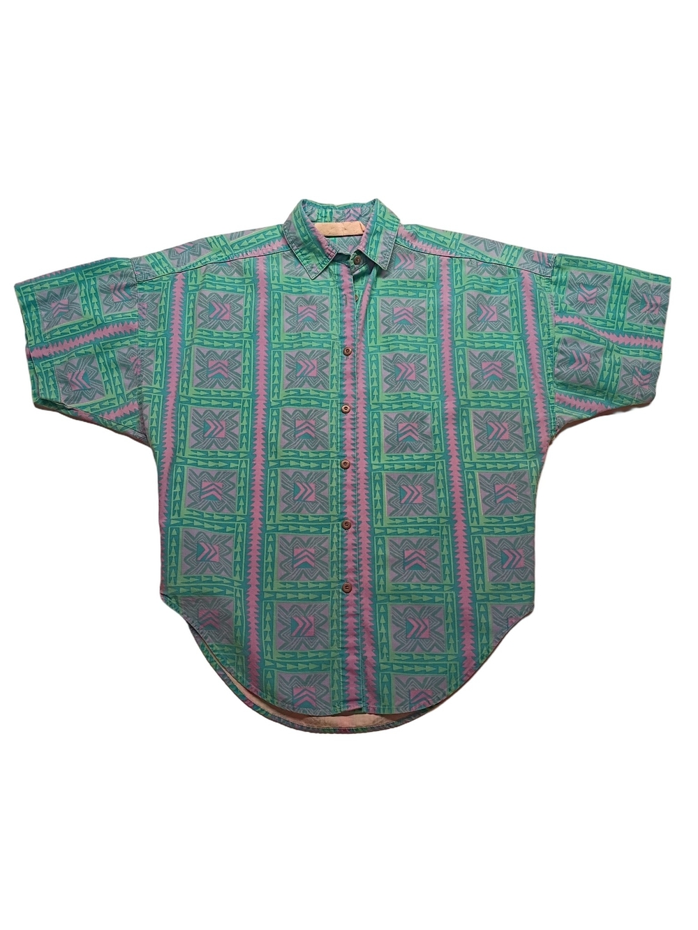 80's Street Wear  Button-Down Oversized Pink And Green Pattern
